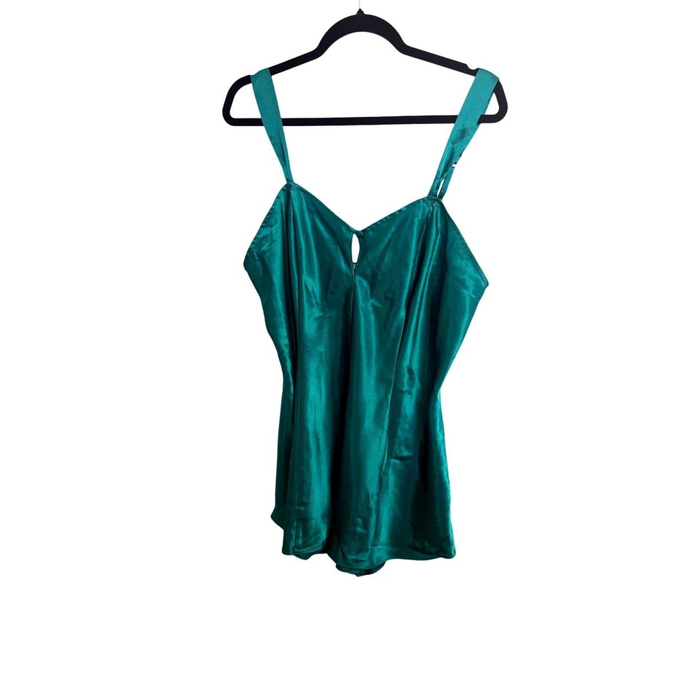 VTG Vanity Fair Green Satin Keyhole Neck Nightgown Romper Snap Closure XL
